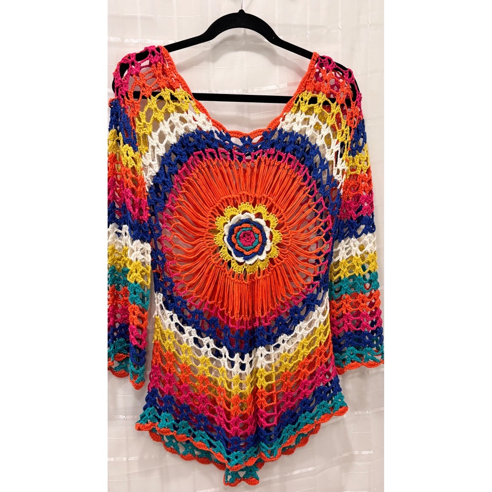 Rainbow Crochet Sunburst Mandala Top Boho Festival Long Sleeve Multi Color
